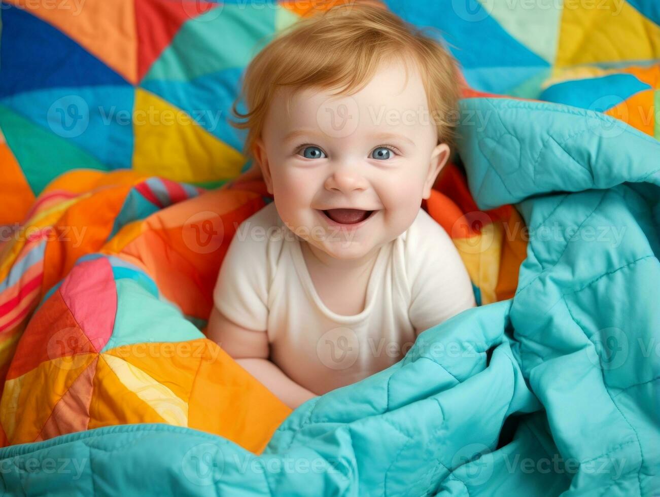 Adorable baby with vibrant clothing in a playful pose AI Generative photo