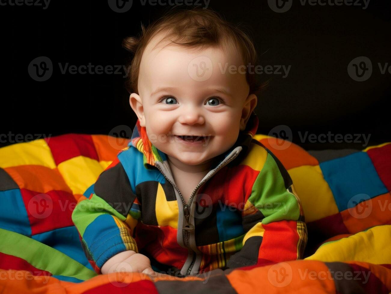 Adorable baby with vibrant clothing in a playful pose AI Generative photo