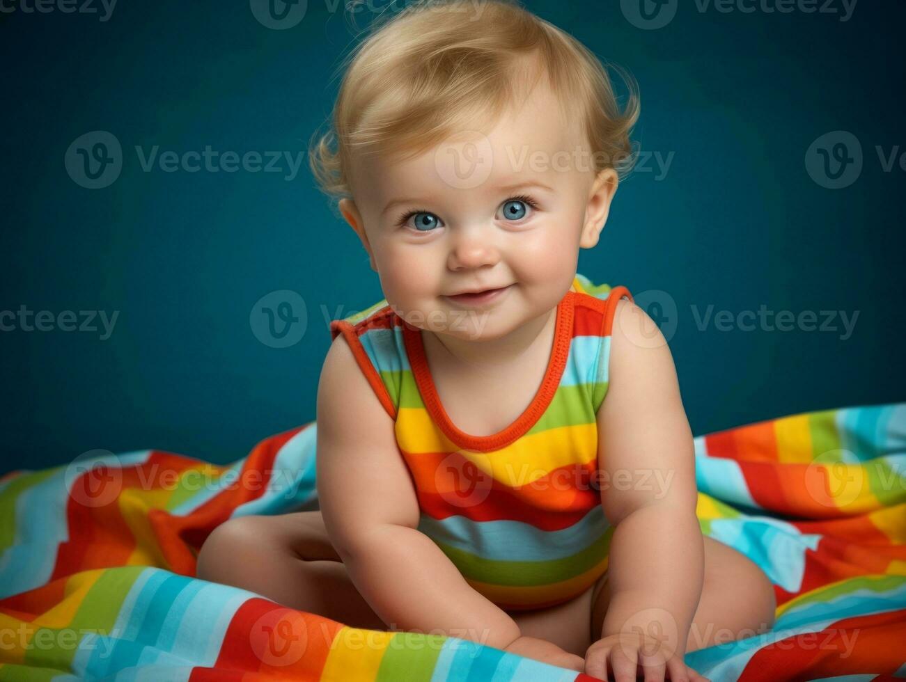 Adorable baby with vibrant clothing in a playful pose AI Generative photo