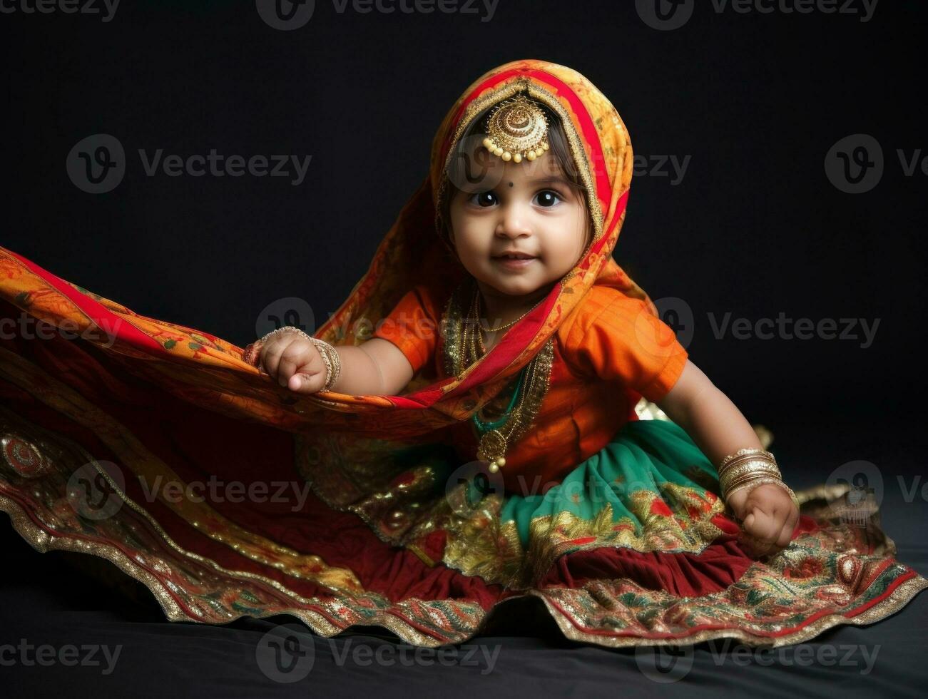 adorable bebé con vibrante ropa en un juguetón actitud ai generativo foto