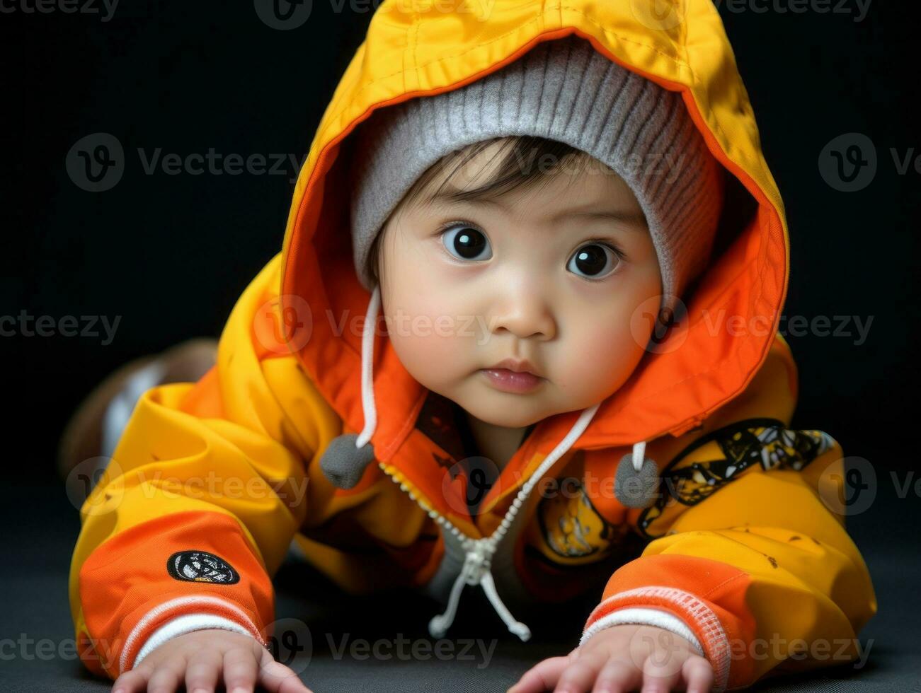 Adorable baby with vibrant clothing in a playful pose AI Generative photo