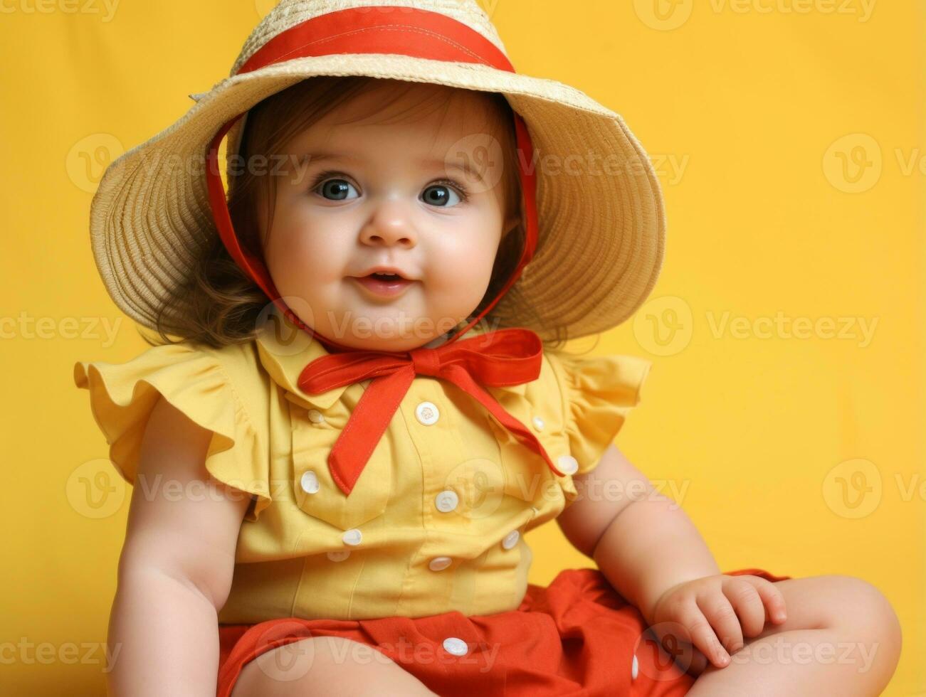 Adorable baby with vibrant clothing in a playful pose AI Generative photo