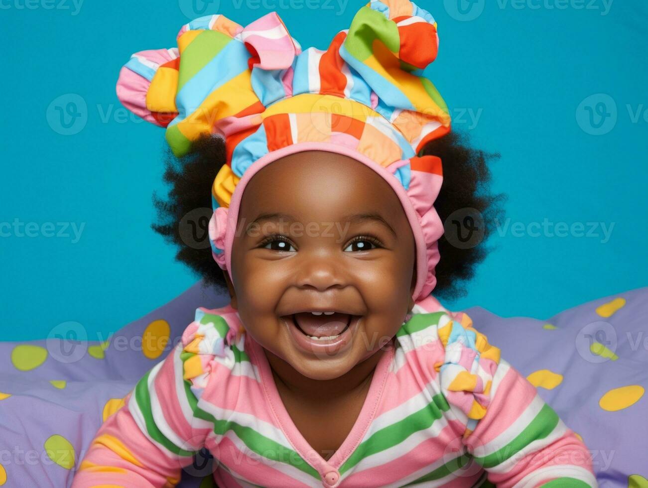 Adorable baby with vibrant clothing in a playful pose AI Generative photo