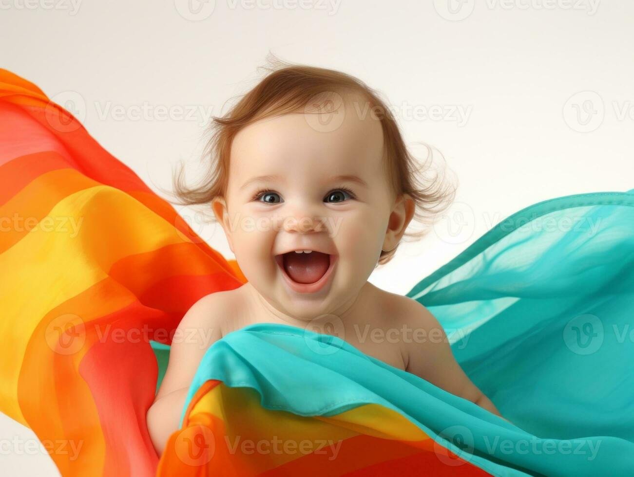 Adorable baby with vibrant clothing in a playful pose AI Generative photo