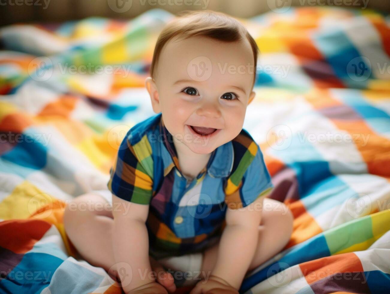 Adorable baby with vibrant clothing in a playful pose AI Generative photo