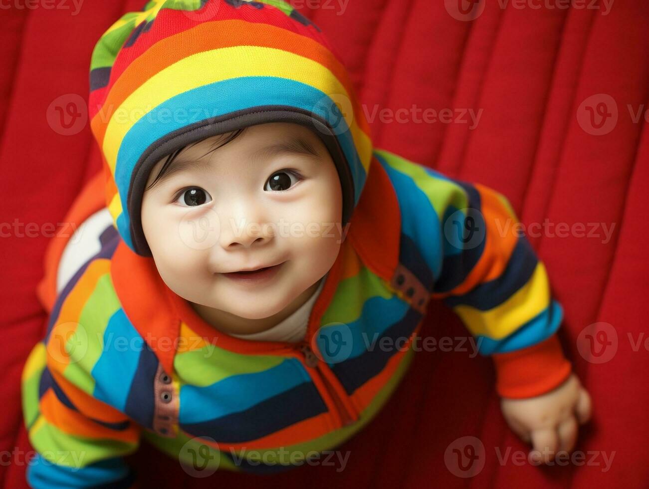Adorable baby with vibrant clothing in a playful pose AI Generative photo