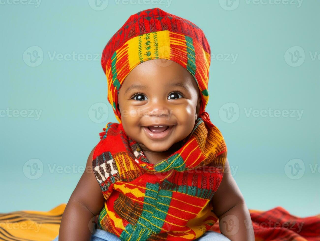 Adorable baby with vibrant clothing in a playful pose AI Generative photo