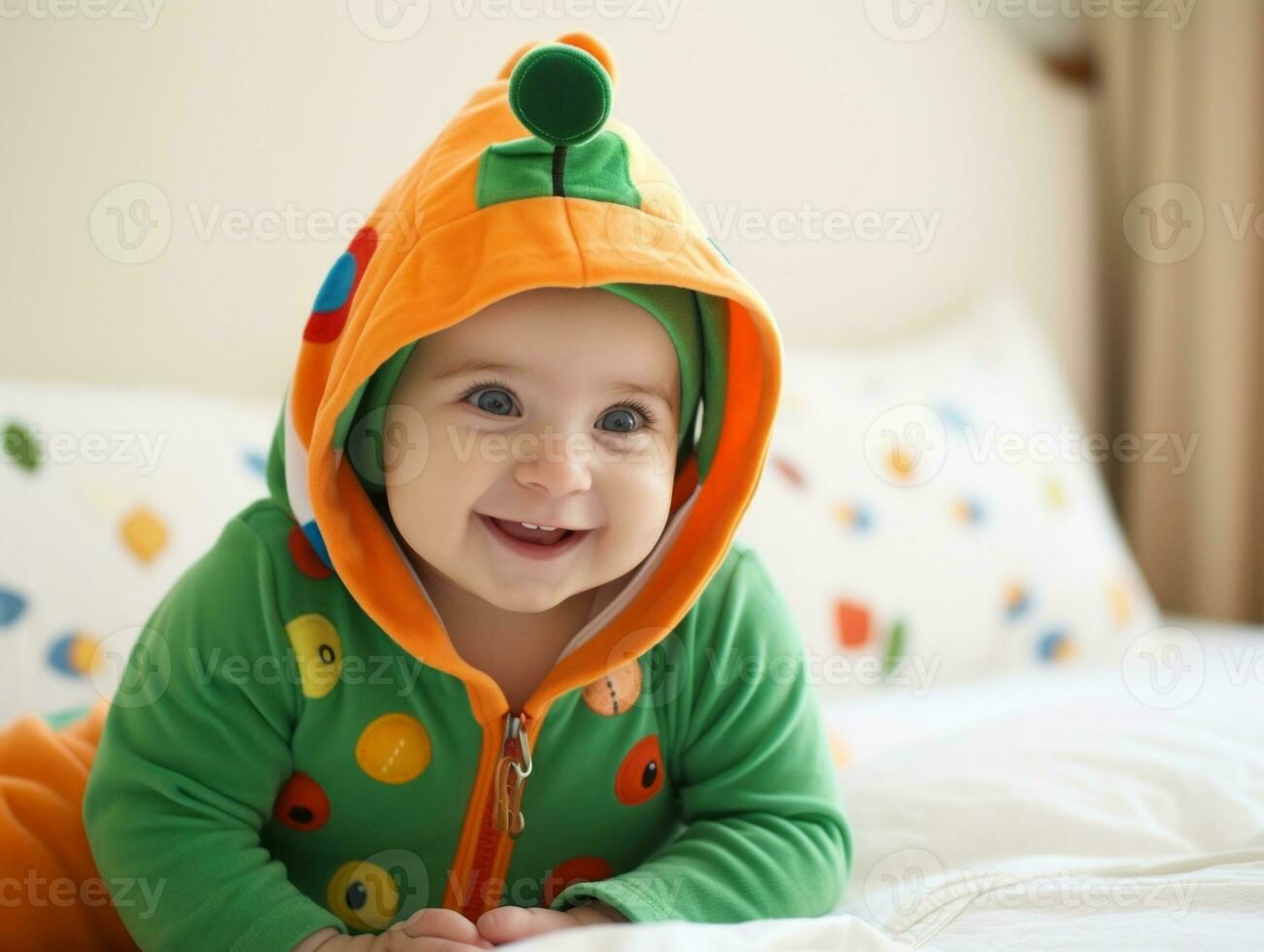 Adorable baby with vibrant clothing in a playful pose AI Generative photo