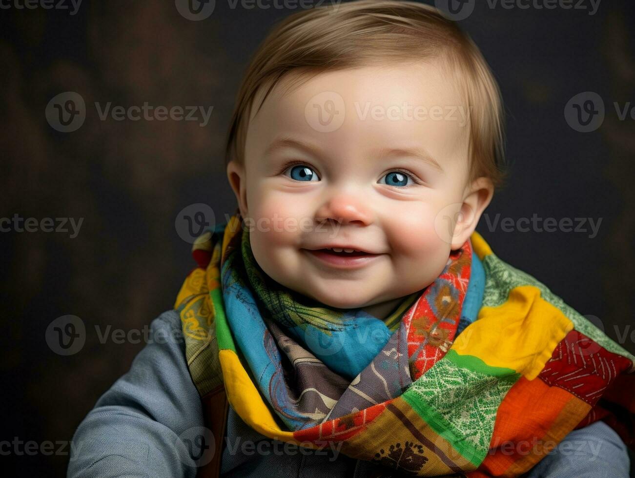 adorable bebé con vibrante ropa en un juguetón actitud ai generativo foto