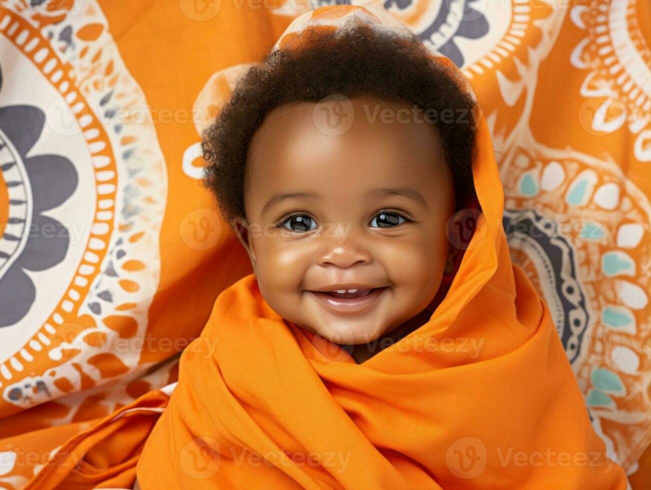 Adorable baby with vibrant clothing in a playful pose AI Generative photo