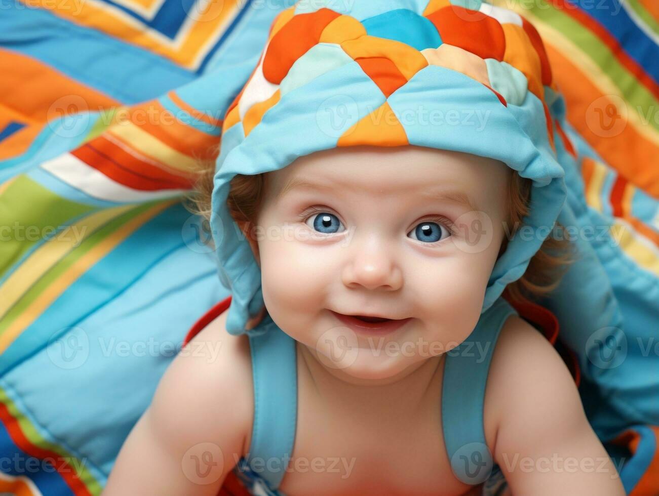 Adorable baby with vibrant clothing in a playful pose AI Generative photo