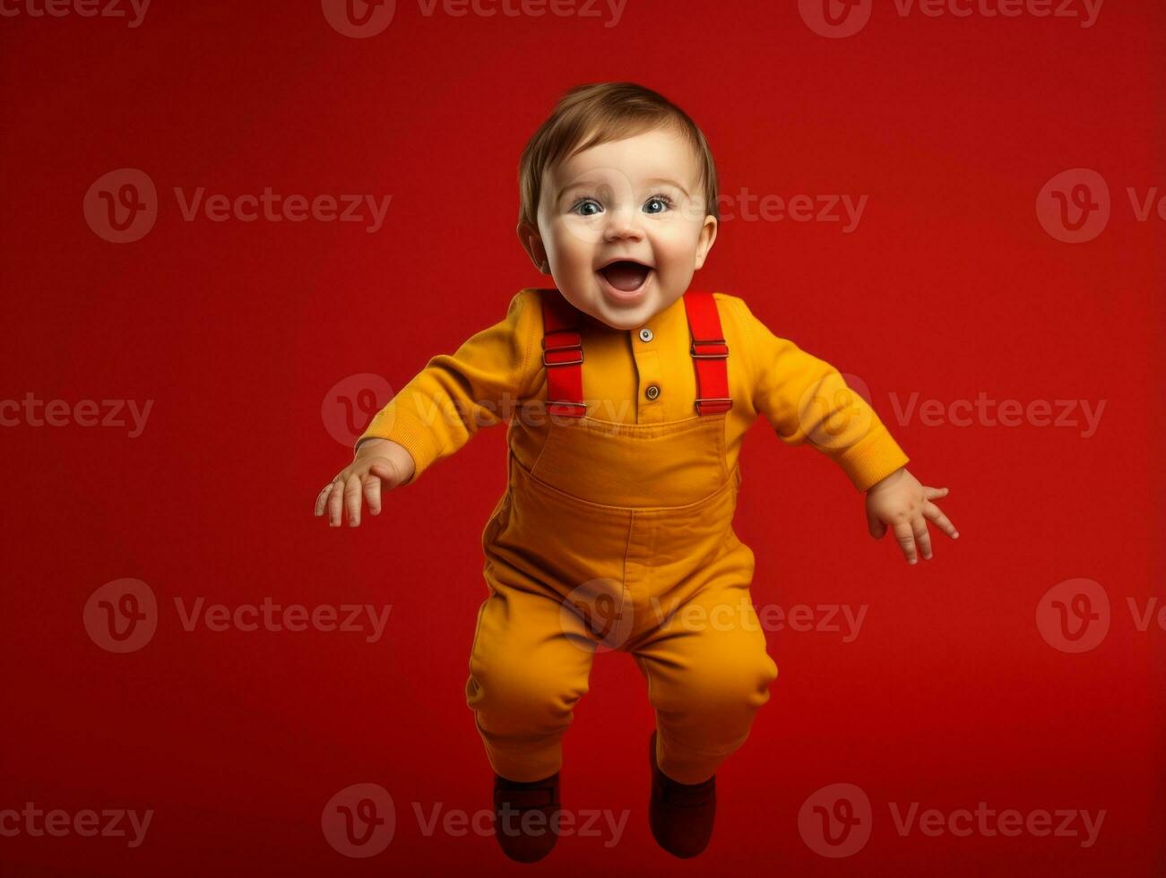 adorable bebé con vibrante ropa en un juguetón actitud ai generativo foto