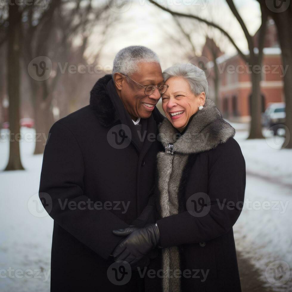 Loving old interracial couple is enjoying a romantic winter day AI Generative photo