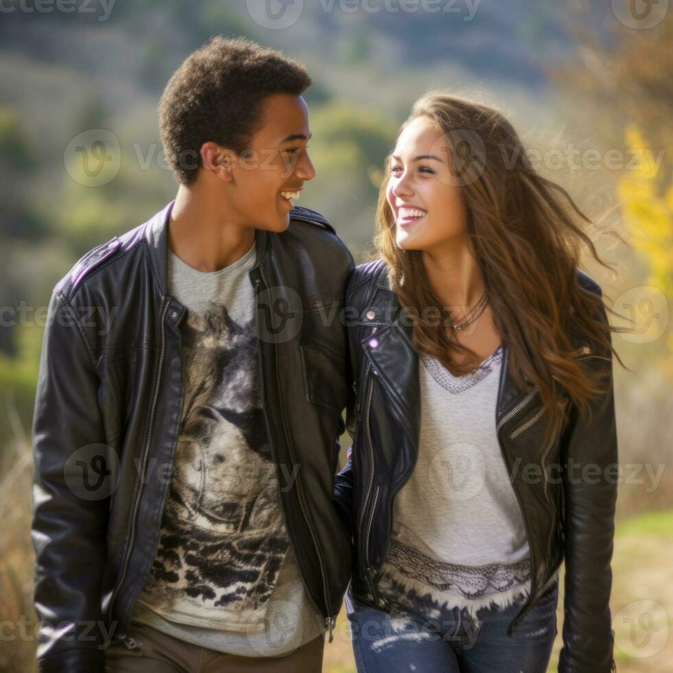 Loving teenage interracial couple is enjoying a romantic autumn day AI Generative photo