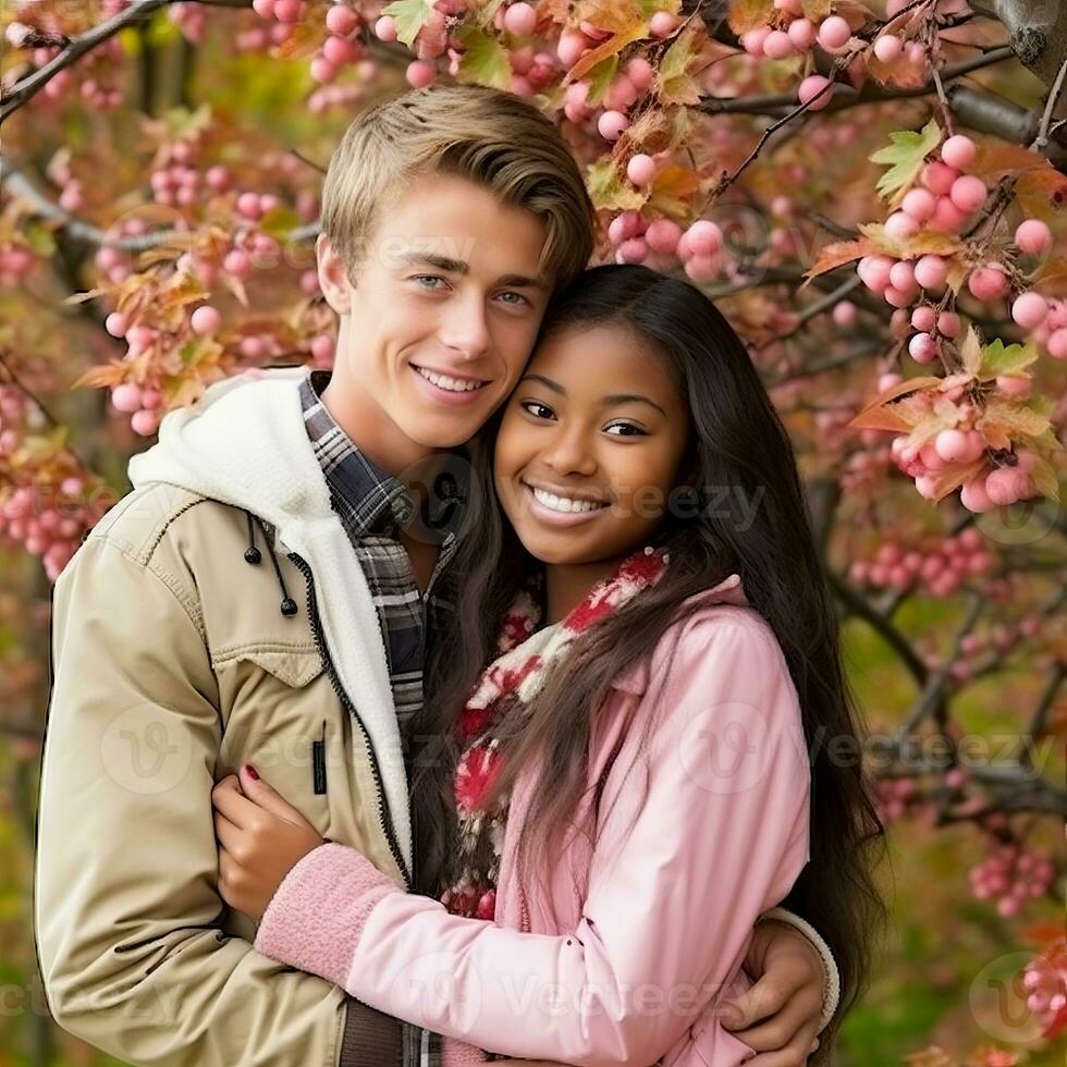 Loving teenage interracial couple is enjoying a romantic autumn day AI Generative photo