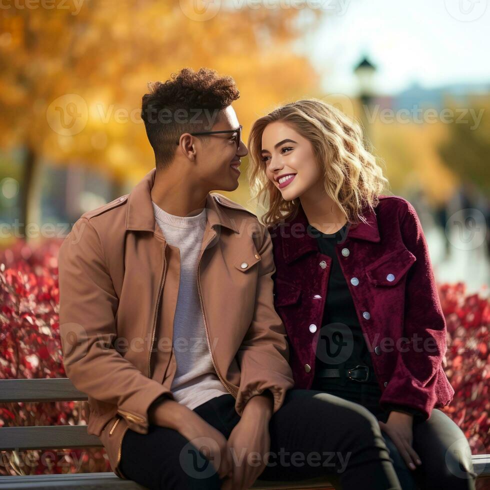 Loving teenage interracial couple is enjoying a romantic autumn day AI Generative photo