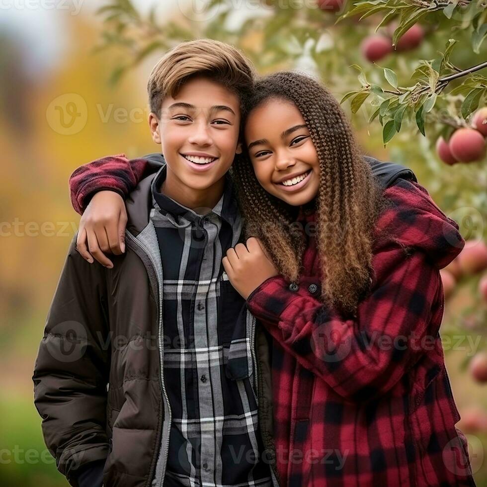 Loving teenage interracial couple is enjoying a romantic autumn day AI Generative photo