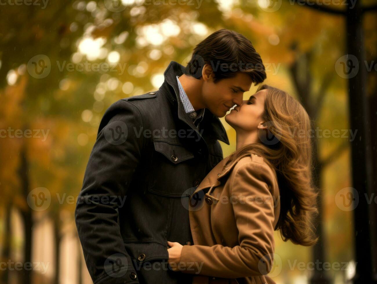 Loving couple is enjoying a romantic autumn day AI Generative photo