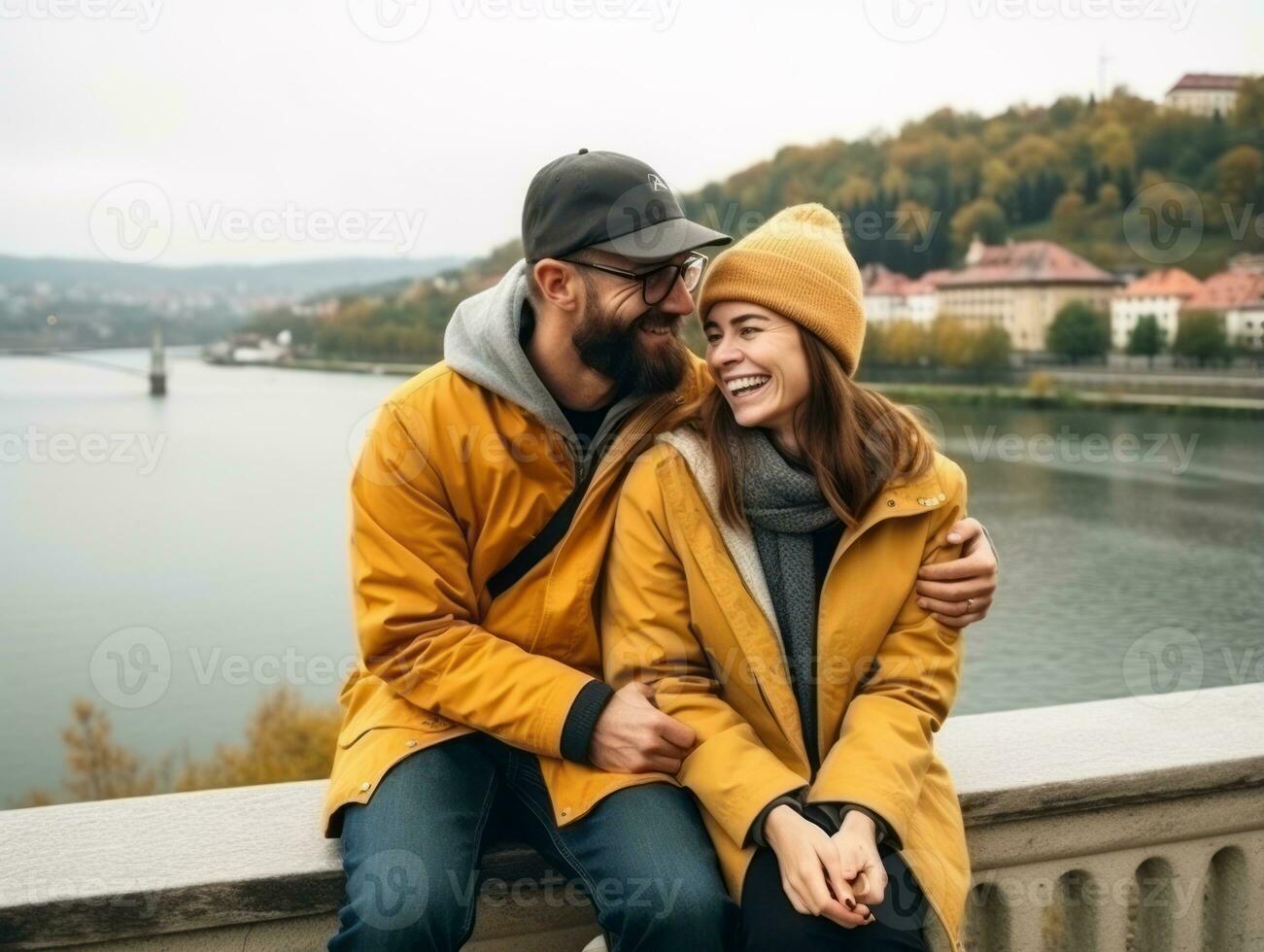 Loving couple is enjoying a romantic autumn day AI Generative photo