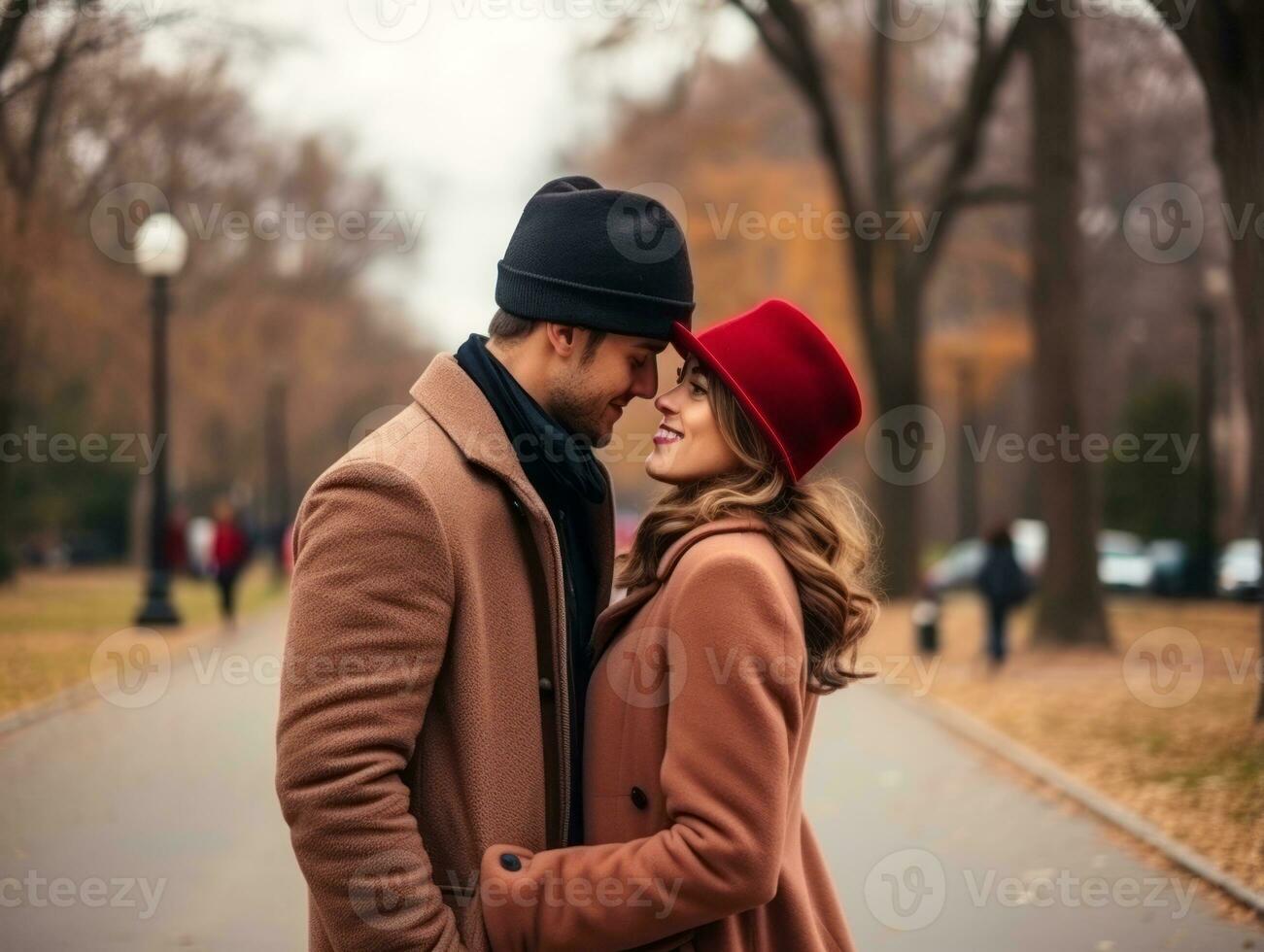 amoroso Pareja es disfrutando un romántico otoño día ai generativo foto