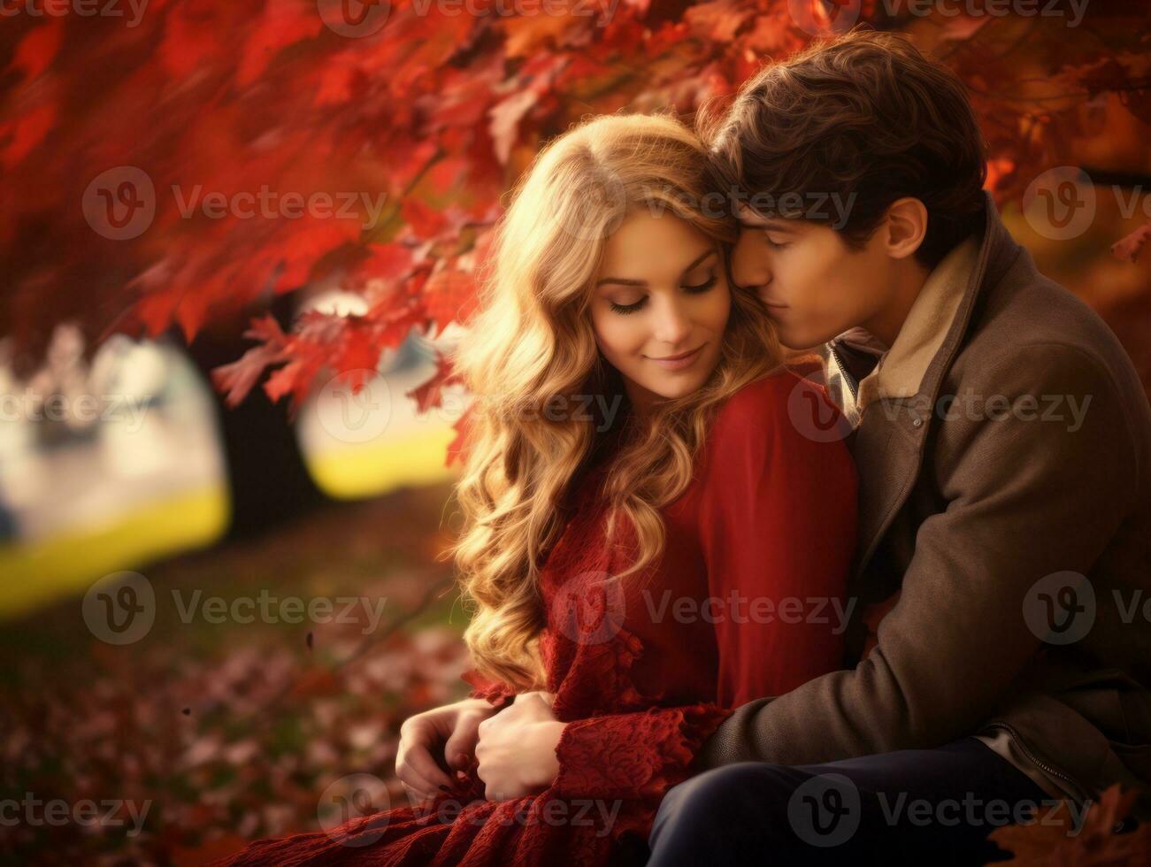 Loving couple is enjoying a romantic autumn day AI Generative photo