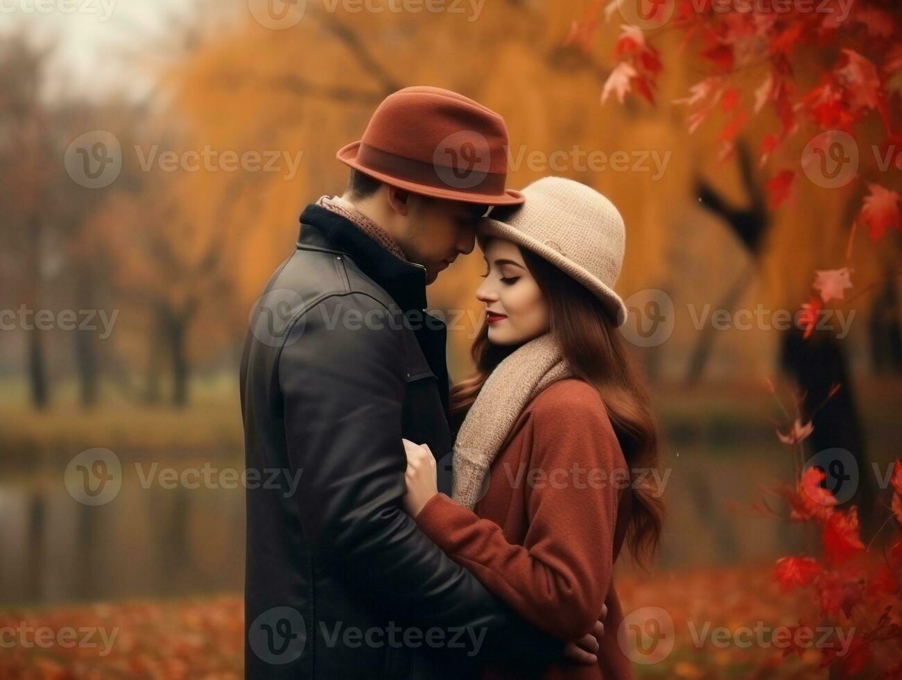 amoroso Pareja es disfrutando un romántico otoño día ai generativo foto