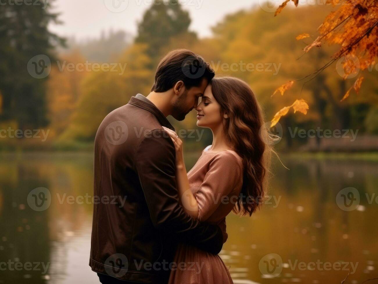 Loving couple is enjoying a romantic autumn day AI Generative photo