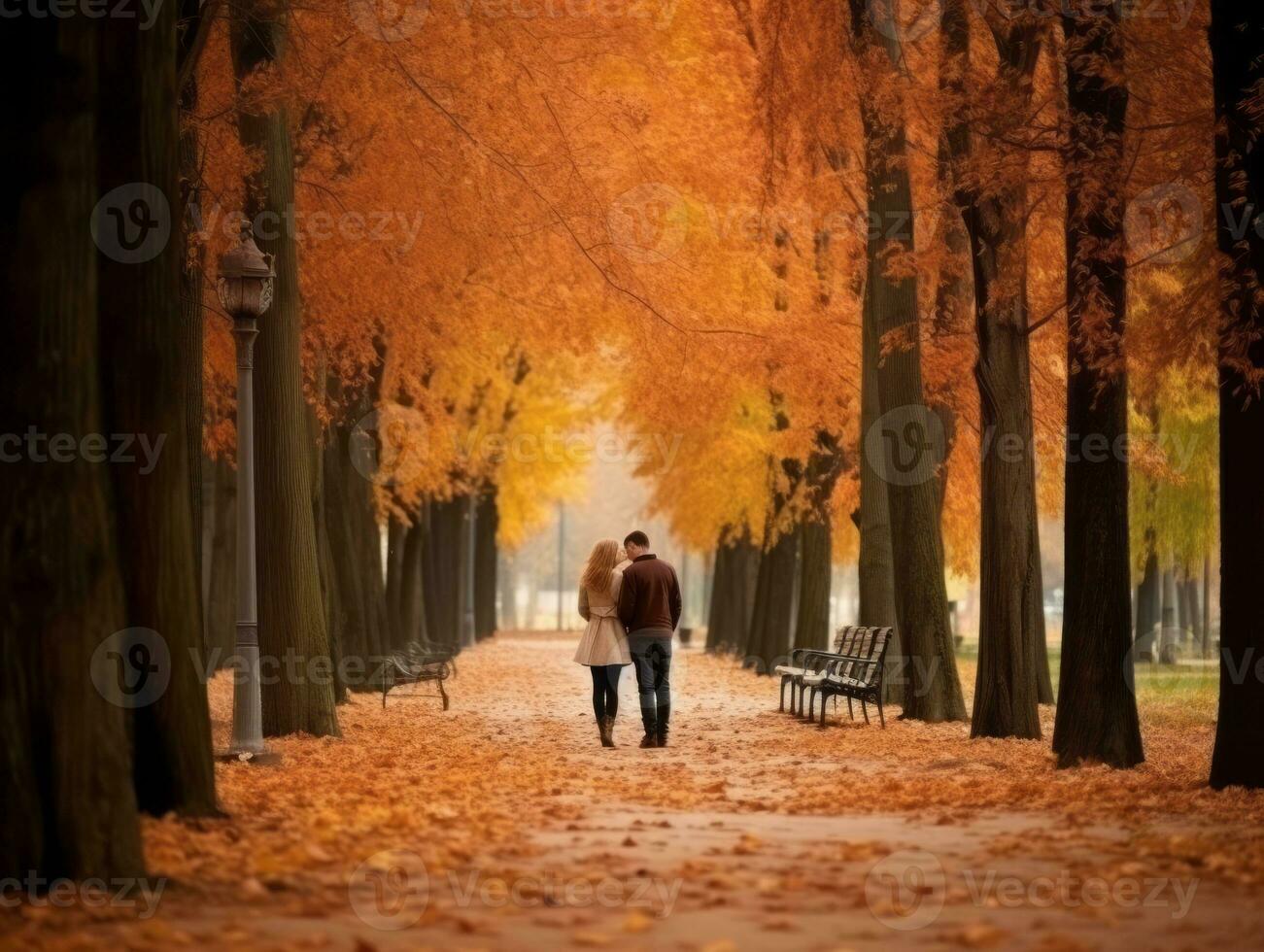 Loving couple is enjoying a romantic autumn day AI Generative photo