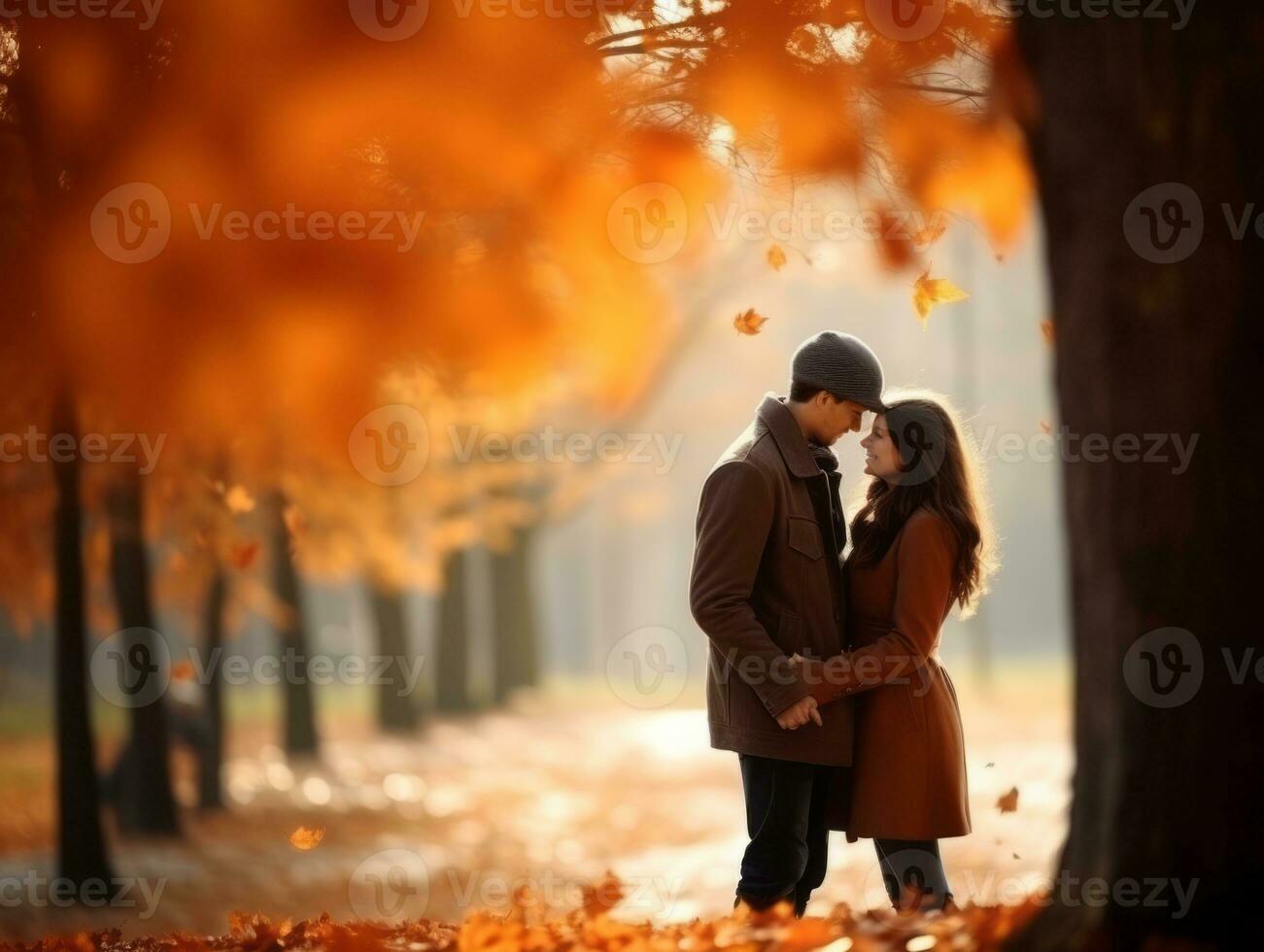 amoroso Pareja es disfrutando un romántico otoño día ai generativo foto