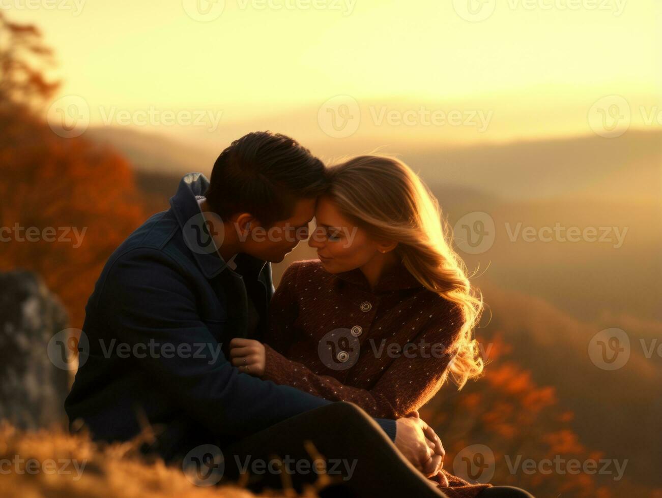 amoroso Pareja es disfrutando un romántico otoño día ai generativo foto