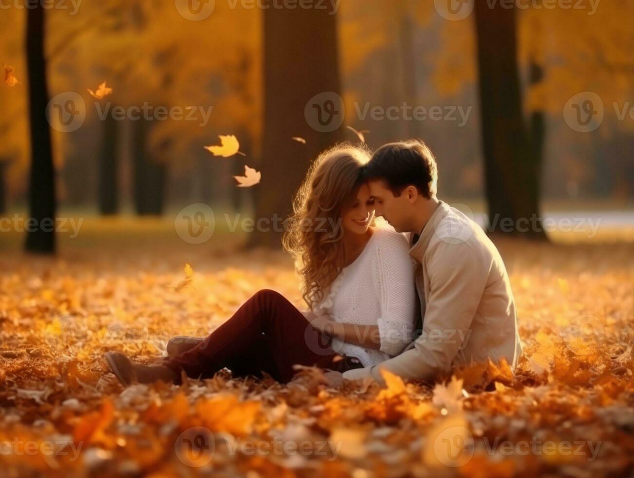 Loving couple is enjoying a romantic autumn day AI Generative photo