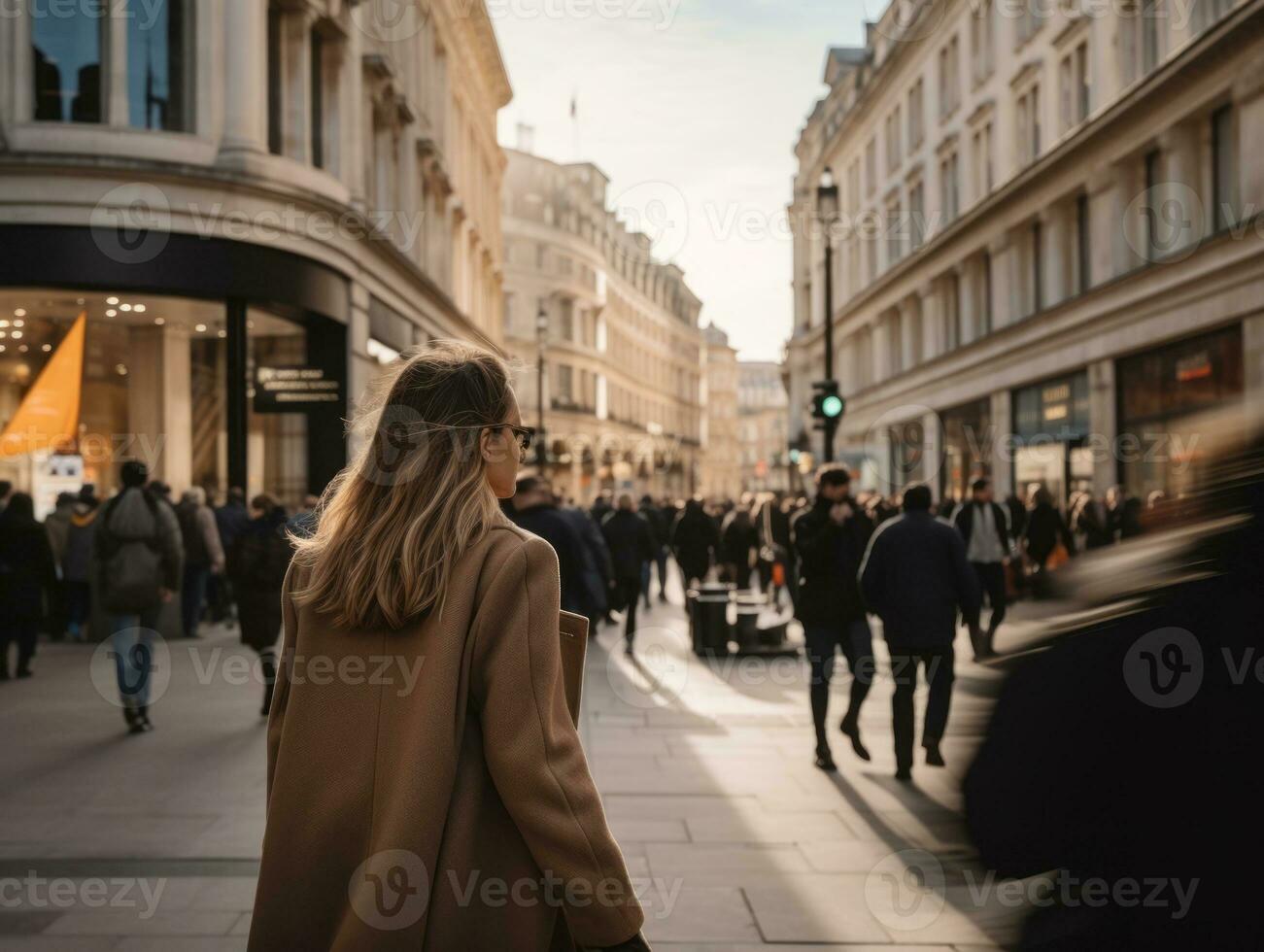 mujer disfruta un sin prisa caminar en el corazón de el ciudad ai generativo foto