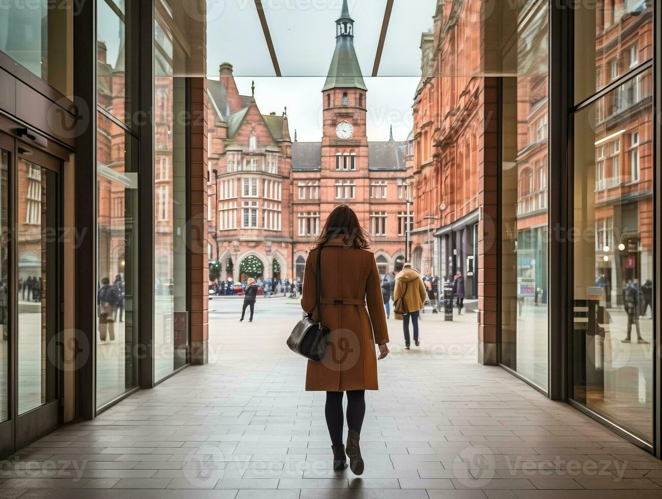 Woman enjoys a leisurely walk in the heart of the city AI Generative photo