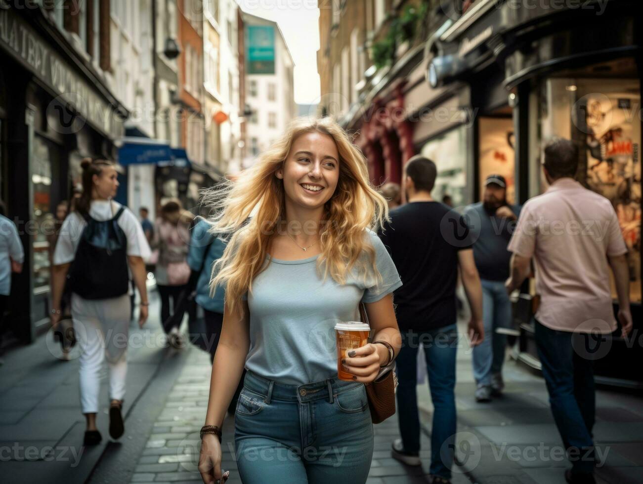 Woman enjoys a leisurely walk in the heart of the city AI Generative photo