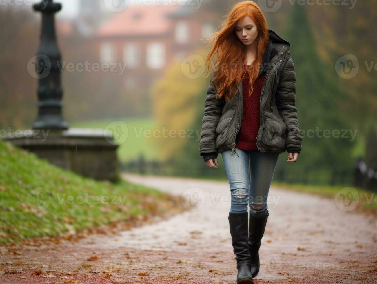 Woman enjoys a leisurely walk in the heart of the city AI Generative photo