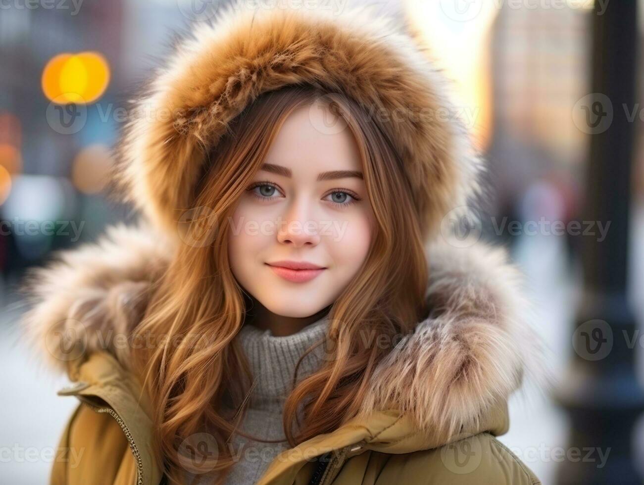 Woman enjoys a leisurely walk in the winter day AI Generative photo