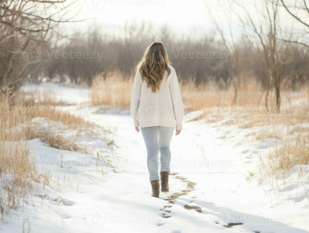 Woman enjoys a leisurely walk in the winter day AI Generative photo