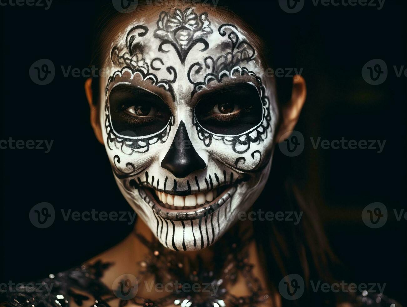 Woman in vibrant calavera makeup celebrates the Day of Dead AI Generative photo