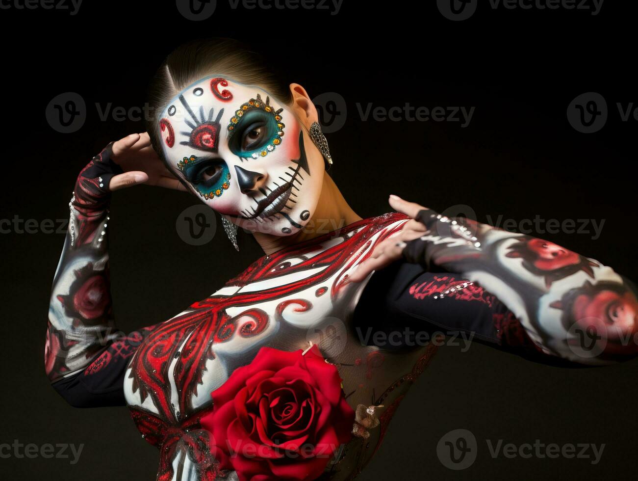 Woman in vibrant calavera makeup celebrates the Day of Dead AI Generative photo