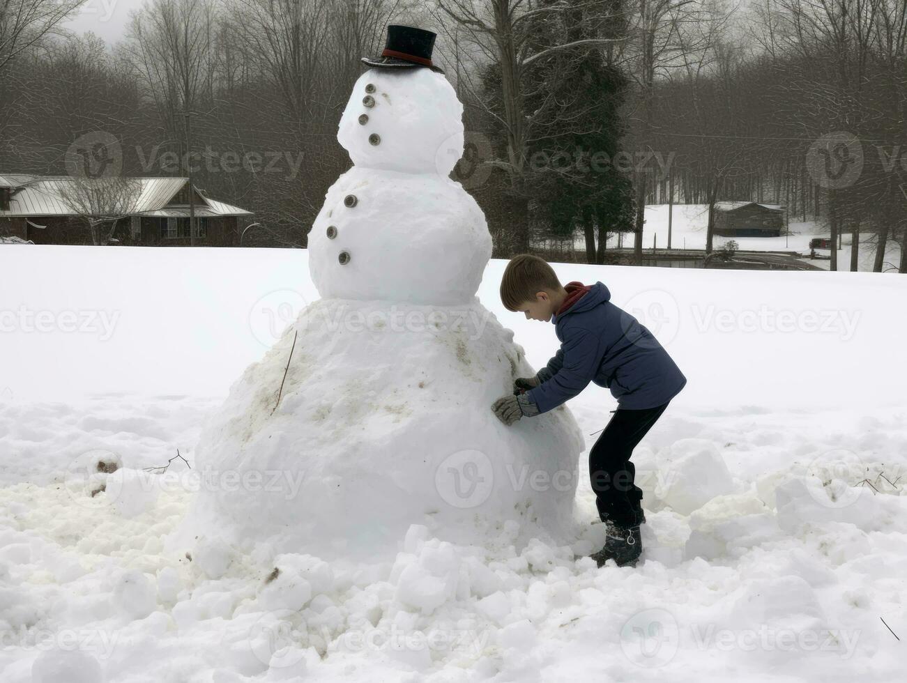 Kids building a snowman in winter day AI Generative photo