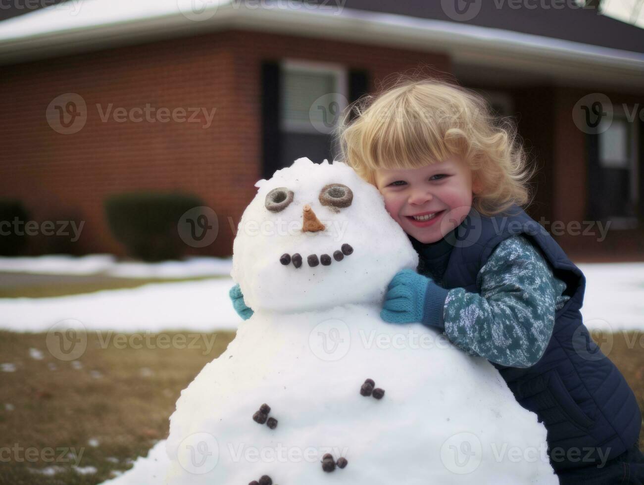 Kids building a snowman in winter day AI Generative photo