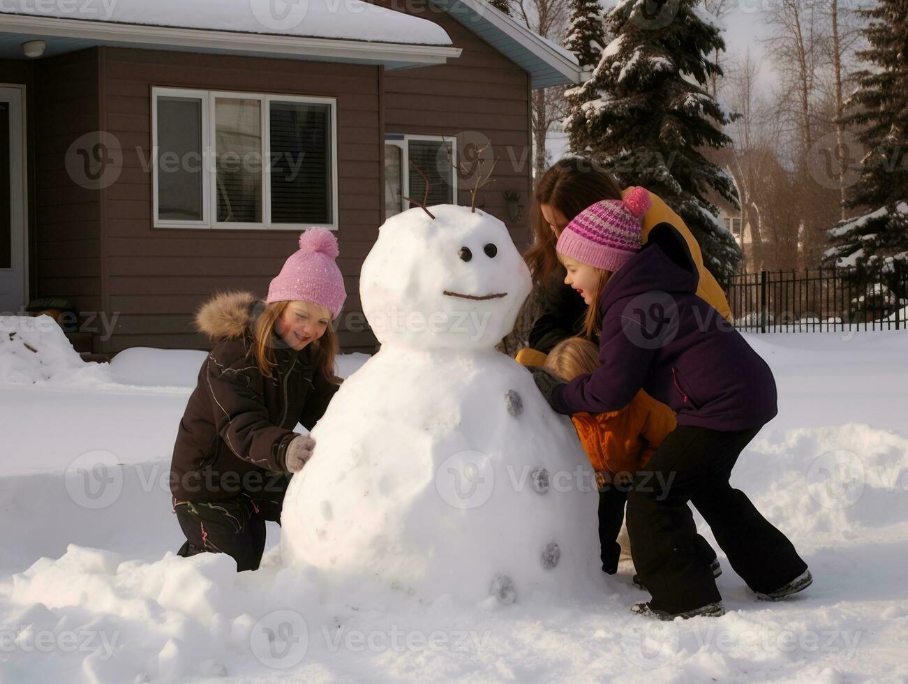 Kids building a snowman in winter day AI Generative photo