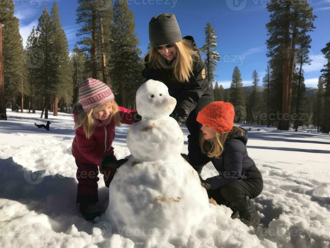 niños edificio un monigote de nieve en invierno día ai generativo foto