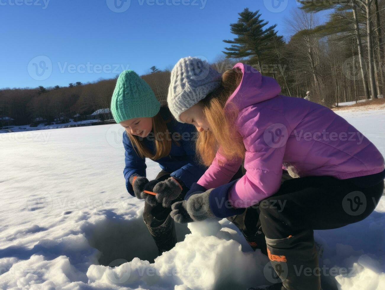 Kids building a snowman in winter day AI Generative photo