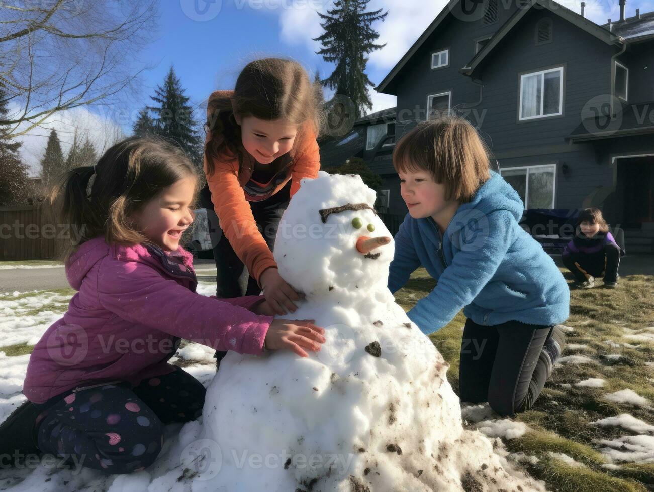 Kids building a snowman in winter day AI Generative photo