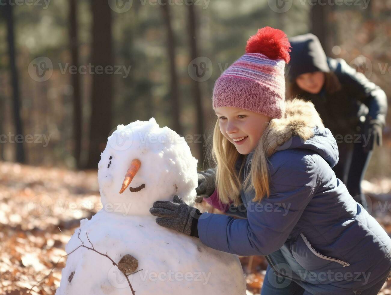 Kids building a snowman in winter day AI Generative photo