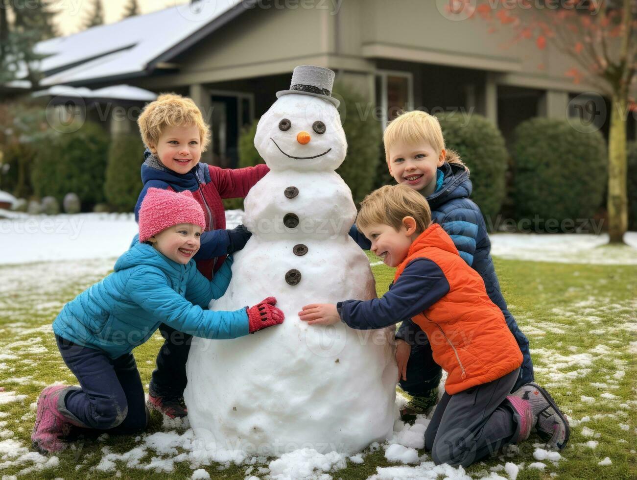 Kids building a snowman in winter day AI Generative photo