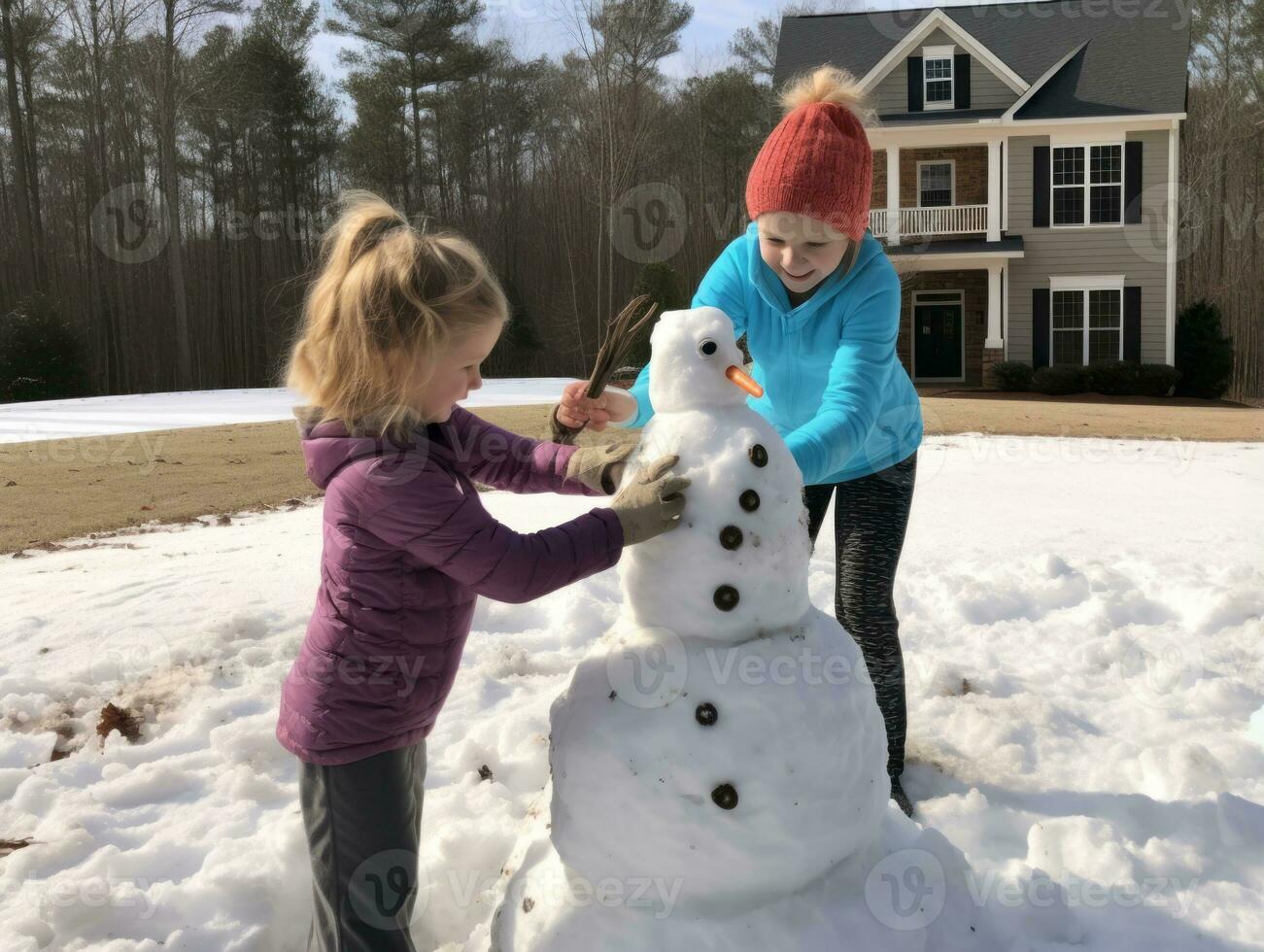 Kids building a snowman in winter day AI Generative photo