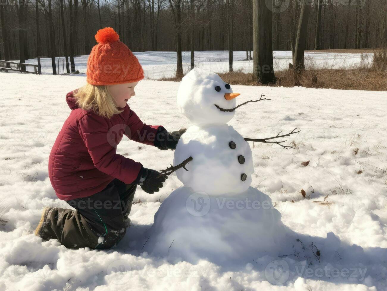 Kids building a snowman in winter day AI Generative photo