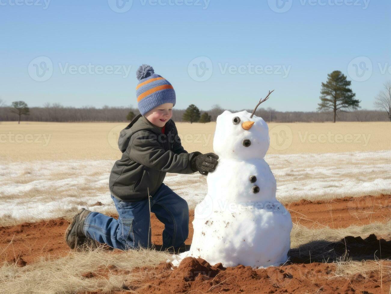 Kids building a snowman in winter day AI Generative photo